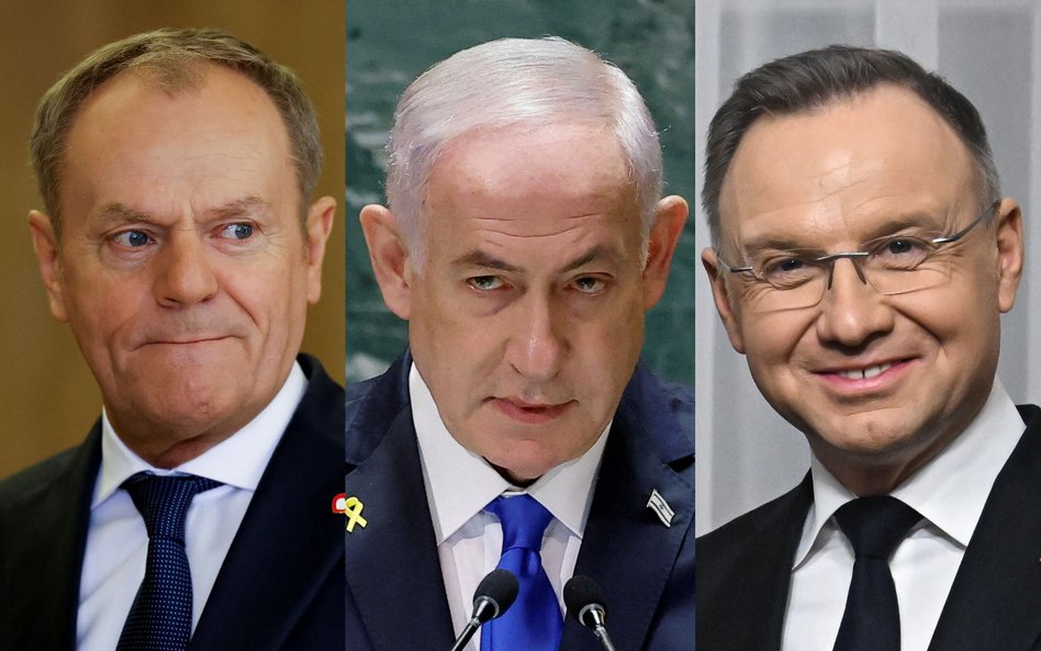 Premier Donald Tusk, premier Izraela Beniamin Netanjahu i prezydent Andrzej Duda