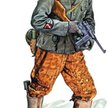 Łotewski ochotnik z 15. Dywizji Grenadierów Waffen SS w stahlhelmie z pokrowcem maskującym, uzbrojon