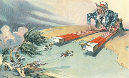 Polityczna karykatura rysownika Udo Kepplera z 1913 r., krytykująca amerykańskie protektoraty w Amer