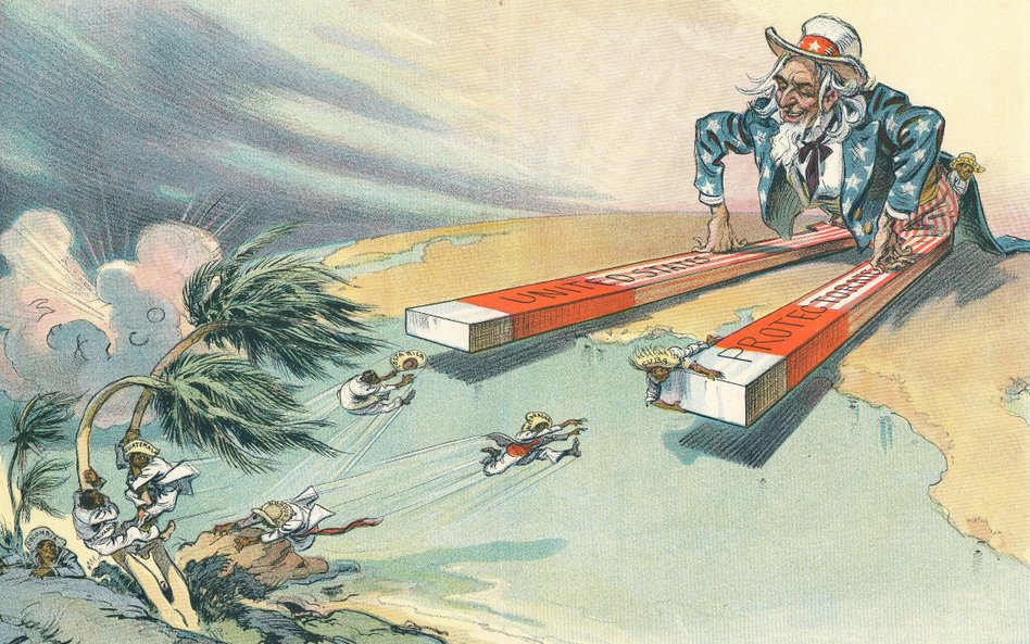 Polityczna karykatura rysownika Udo Kepplera z 1913 r., krytykująca amerykańskie protektoraty w Amer