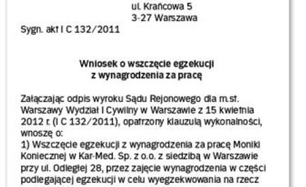 WZÓR WNIOSKU O WSZCZĘCIE EGZEKUCJI