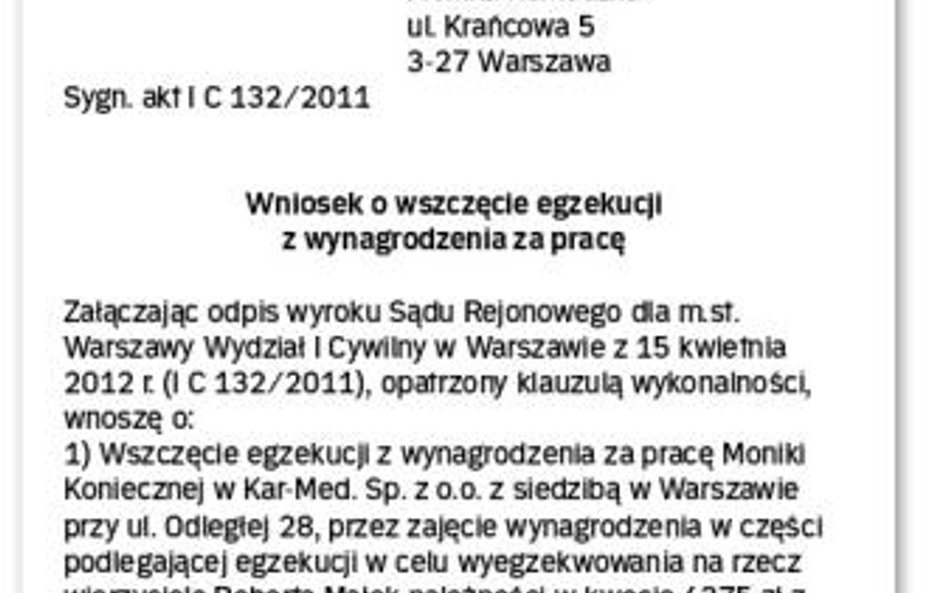 WZÓR WNIOSKU O WSZCZĘCIE EGZEKUCJI