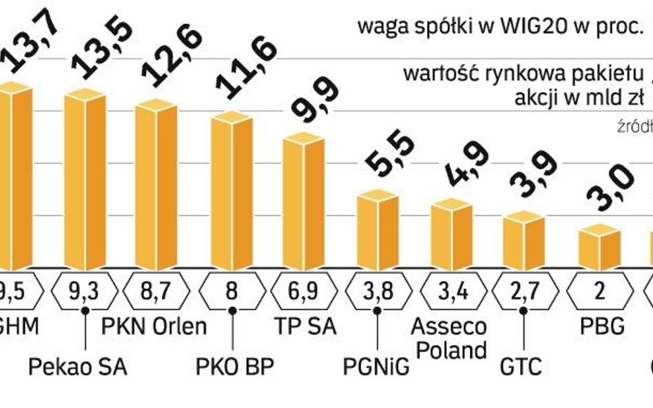 Największe spółki decydują o zmianie indeksu. Pięć spółek ma 60-procentowy wpływ na zachowanie WIG20