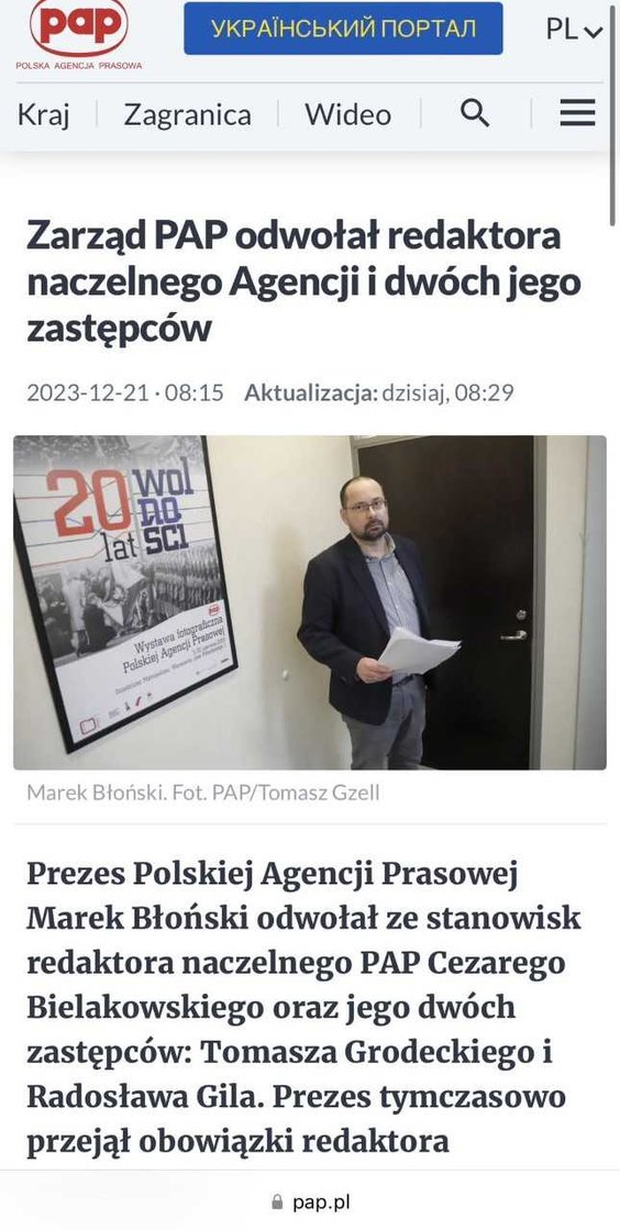 Informacja o zmianach w PAP przez pewien czas była dostępna w serwisie agencji