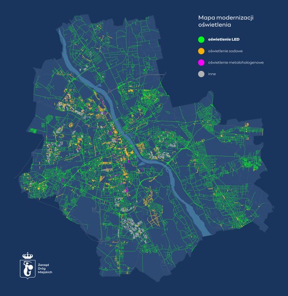 Mapa modernizacji oświetlenia na terenie Warszawy