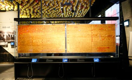 Tablice z wypisanymi 21 postulatami strajku w Stoczni Gdańskiej są teraz eksponowane w Europejskim C