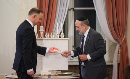 19.12.2022, w Pałacu Prezydenckim prezydent Andrzej Duda i naczelny rabin Polski Michael Schudrich w