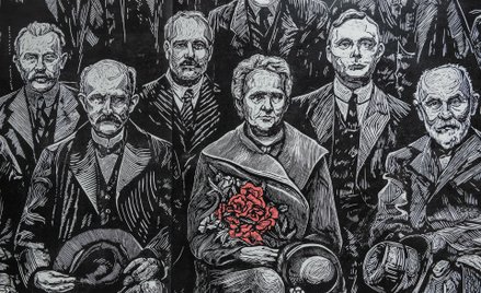 Drzeworyt wykonany na jubileusz 150. urodzin Noblistki Marii Curie-Skłodowskiej przez studentów II r