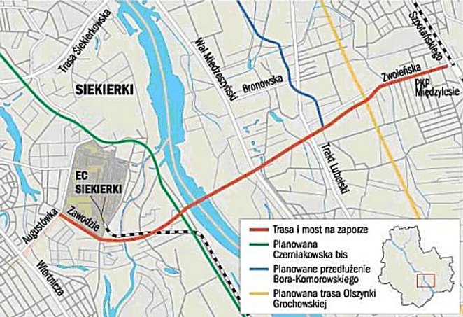 Most na zaporze i przebieg dróg do niego prowadzących według planów z 2015 roku