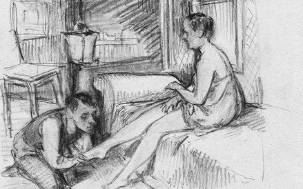 Kobieta siedząca na tapczanie i klęczący mężczyzna (autoportret) trzymający jej stopę w dłoniach, ry