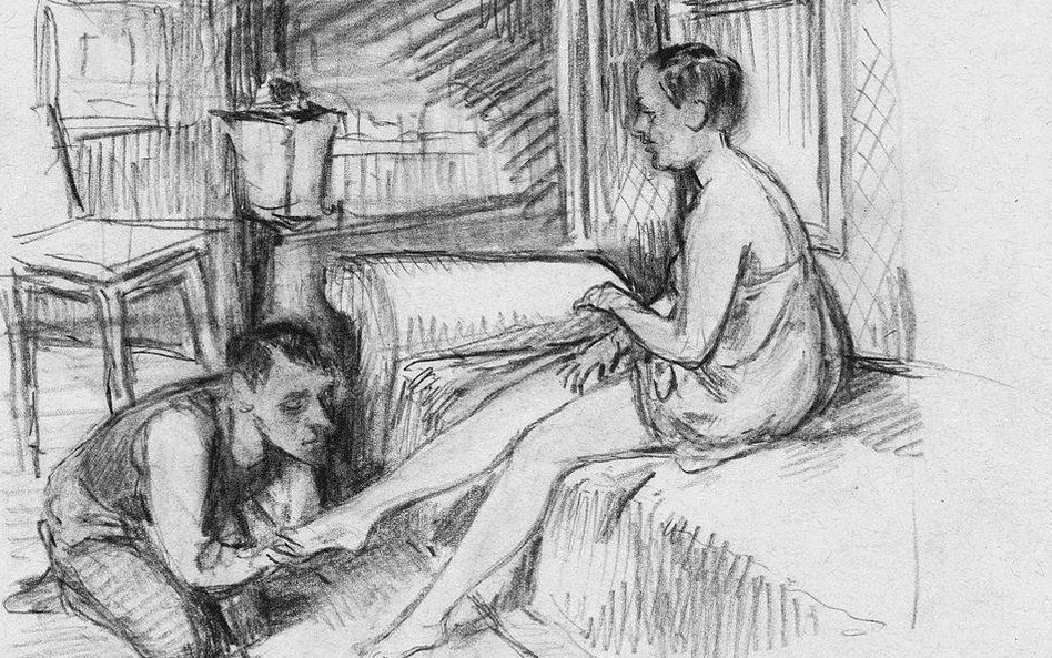 Kobieta siedząca na tapczanie i klęczący mężczyzna (autoportret) trzymający jej stopę w dłoniach, ry