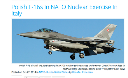 Umieszczone na stronie Federacji Naukowców Amerykańskich zdjęcie polskiego F-16 podczas manewrów nuk