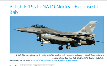 Umieszczone na stronie Federacji Naukowców Amerykańskich zdjęcie polskiego F-16 podczas manewrów nuk