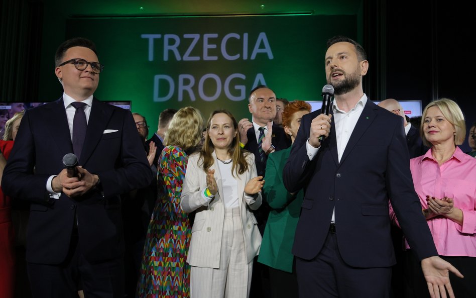 Wybory samorządowe 2024. Liderzy Trzeciej Drogi, marszałek Sejmu Szymon Hołownia i wicepremier, mini