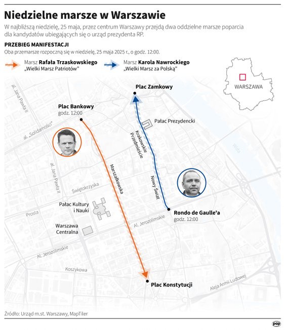 Trasy marszów w Warszawie organizowanych 25 maja