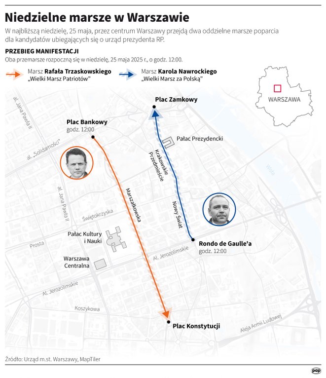 Trasy marszów w Warszawie organizowanych 25 maja