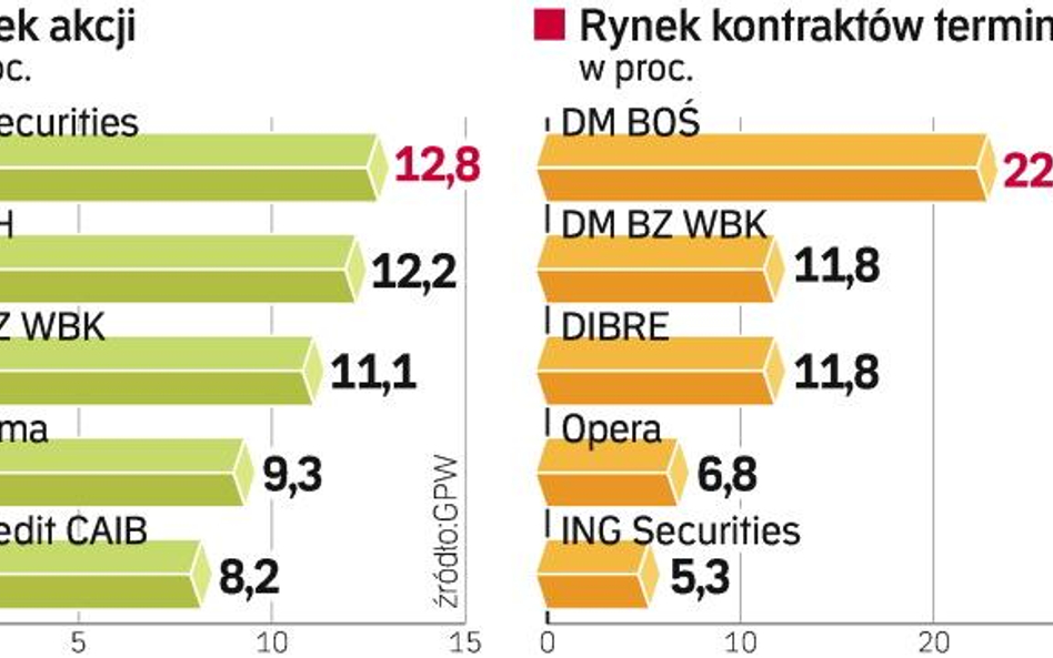 Mniejsze obroty, liderzy bez zmian. Handel akcjami w 2008 r. spadł o jedną trzecią. Natomiast udział