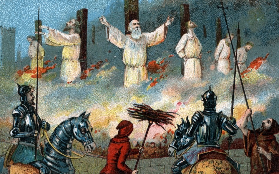 Obraz przedstawiający spalenie wielkiego mistrza Templariuszy na stosie