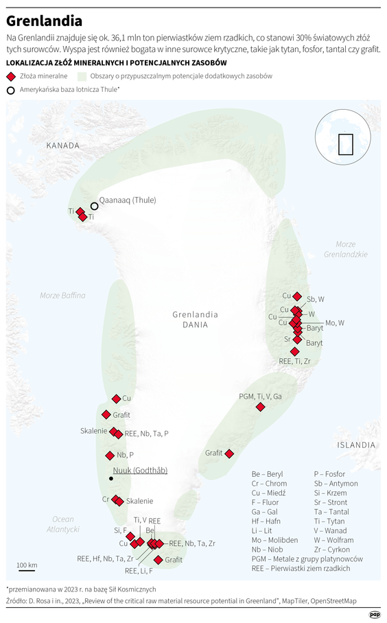 Lokalizacja potencjalnych złóż mineralnych i potencjalnych zasobów naturalnych Grenlandii
