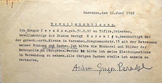 Pełnomocnictwo podpisane przez o. Grzegorza Peradze 10 czerwca 1942 roku na rzecz diakona Jerzego Be