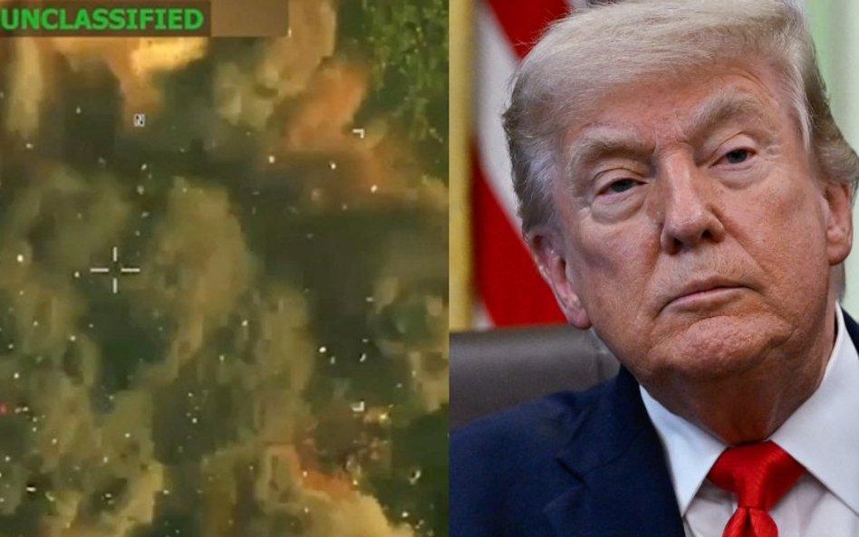 Donald Trump i kadr z udostępnionego przez niego nagrania, przedstawiającego eksplozję po ataku prze