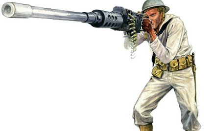 Amerykański marynarz w hełmie angielskim M 1907, strzelający z karabinu maszynowego Browning M2, uzb