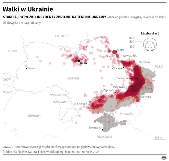 Mapa dotychczasowych starć na terytorium Ukrainy (24 lutego 2022 - 30 maja 2025)