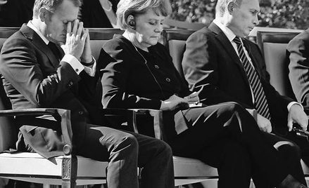 Donald Tusk, Angela Merkel i Władimir Putin na Westerplatte w czasie uroczystości z okazji 70. roczn
