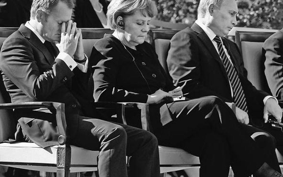 Donald Tusk, Angela Merkel i Władimir Putin na Westerplatte w czasie uroczystości z okazji 70. roczn