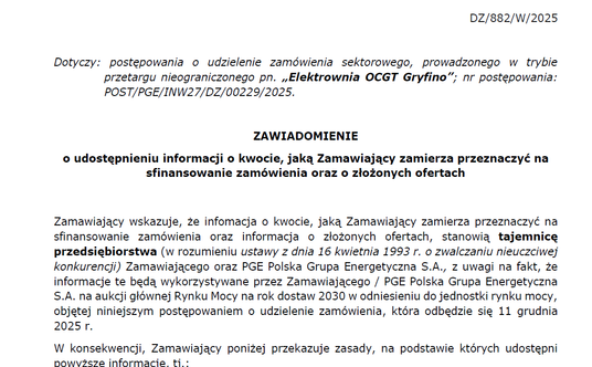 Zawiadomienie PGE dotyczące projektu w Gryfinie