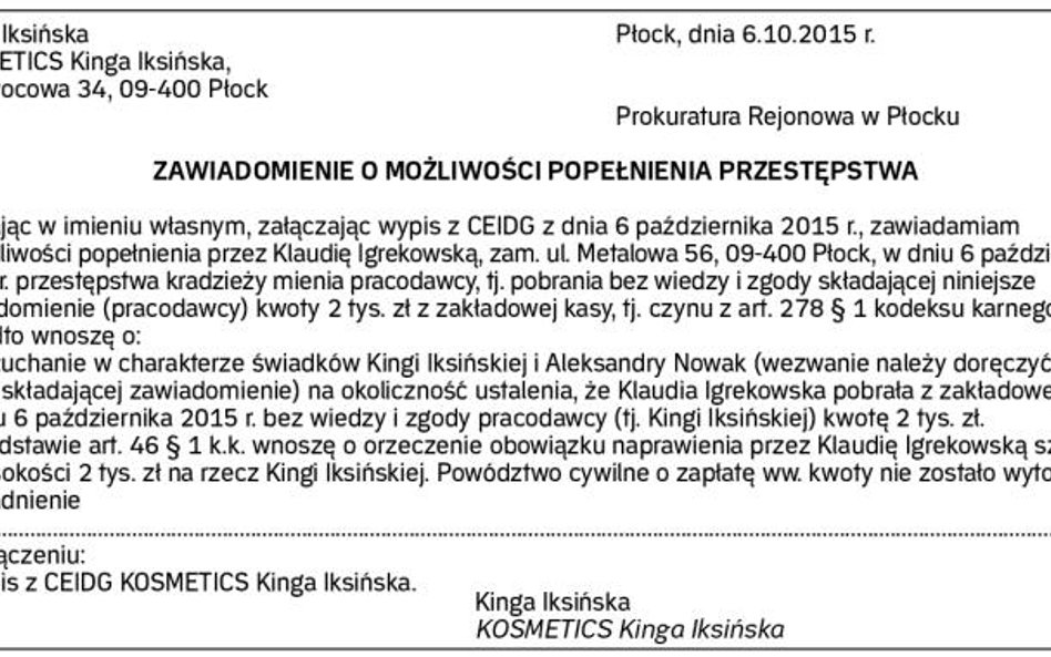 Wzór petitum zawiadomienia o możliwości popełnienia przestępstwa kradzieży mienia pracodawcy