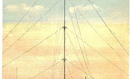 Pocztówka z ok. 1910 r. przedstawiająca wysoką na 420 stóp (128 m) wieżę radiową Brant Rock (Massach