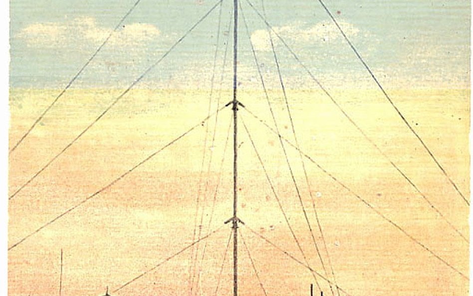 Pocztówka z ok. 1910 r. przedstawiająca wysoką na 420 stóp (128 m) wieżę radiową Brant Rock (Massach