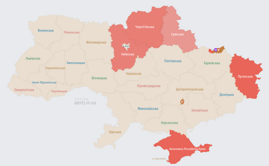 Mapa zagrożeń ze strony alerts.in.ua, stan na godzinę 17:26 czasu polskiego 23 grudnia 2024 r.