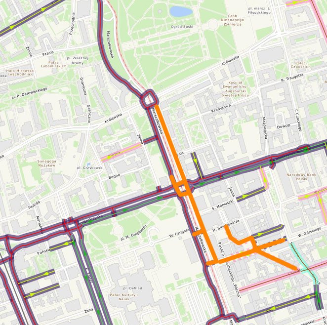 DDR - Drogi Dla Rowerów już istniejące (fioletowe linie) i powstające (pomarańczowe linie)