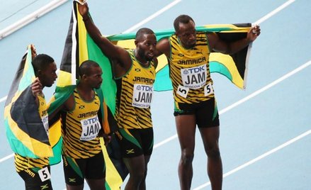 Zwycięscy biegu sztafetowego 4x100 m - Nesta Carter, Kemar Bailey-Cole, Nickel Ashmeade, Usain Bolt