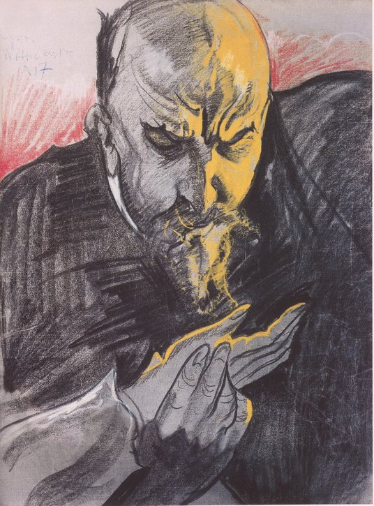 Stanisław Ignacy Witkiewicz, „Tadeusz Miciński pochylony nad kobiecą dłonią”, pastel z 1917 r.