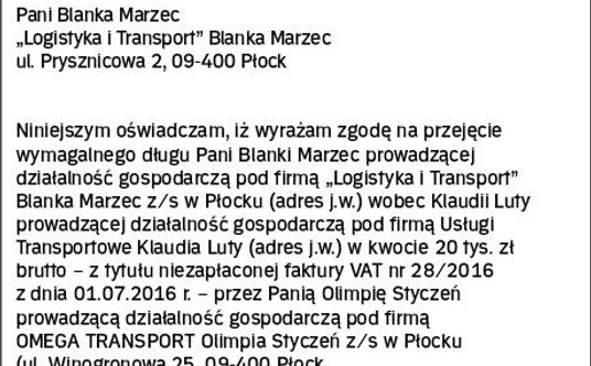 Wzór oświadczenia wierzyciela o wyrażeniu zgody na zawarcie umowy o przejęcie długu