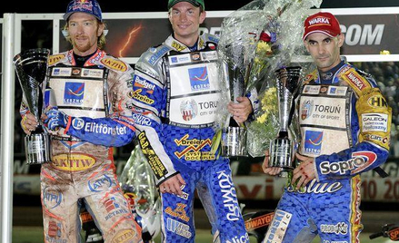 Podium w Malilli. Od lewej Jason Crump, Rune Holta i Tomasz Gollob