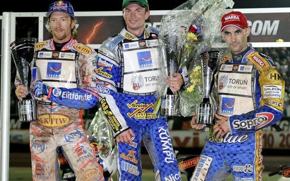 Podium w Malilli. Od lewej Jason Crump, Rune Holta i Tomasz Gollob