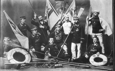 Fotografia grupowa członków osady wyścigowej (reprodukcja ze starej fotografii z 1889 roku)