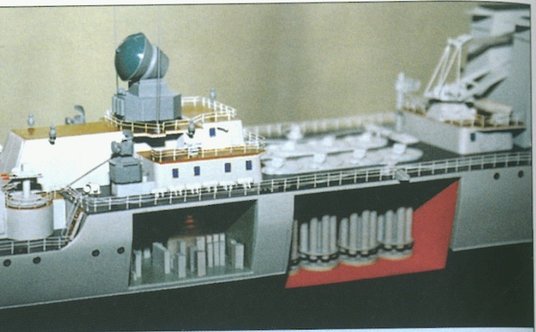 Model pokazujący rozmieszczenie podzespołów systemu przeciwlotniczego Fort na krążownikach projektu 