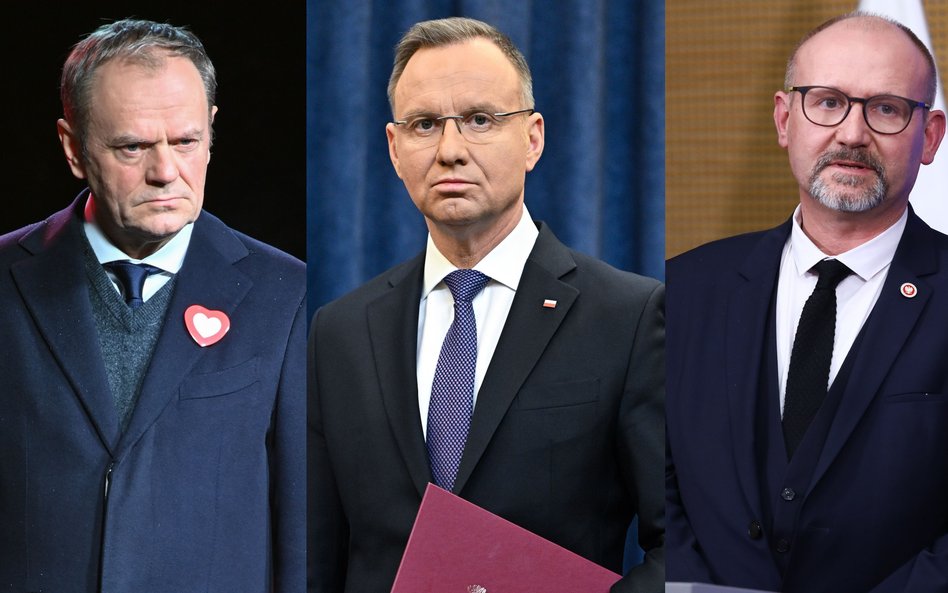 Od lewej Donald Tusk, Andrzej Duda, Dariusz Barski