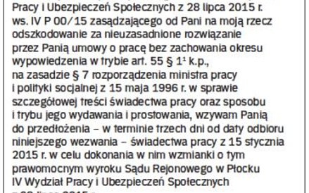 Przykład wezwania byłego pracownika do przedłożenia świadectwa pracy