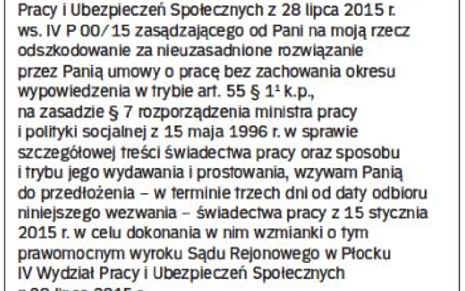 Przykład wezwania byłego pracownika do przedłożenia świadectwa pracy