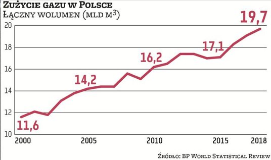Rynek gazu w Polsce od wielu lat rośnie. Według danych BP barierę 10 mld m sześc. zużycia przekroczy
