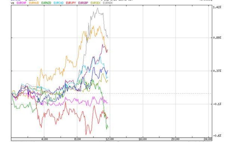 Wykres przebiegu stóp zwrotu dla par z euro za ostatnie godziny, źródło: Stooq.pl