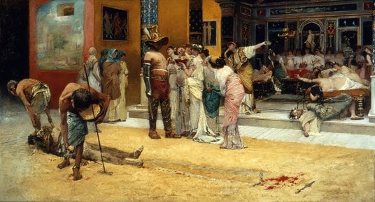 Po walce gladiatorów wynajętych na wystawną ucztę w Pompejach – obraz Francesca Nettiego z 1880 r.