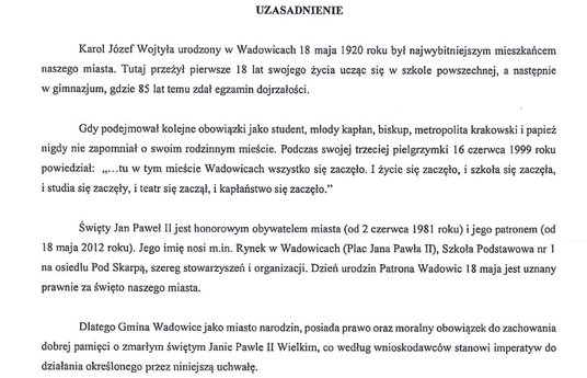 Uchwała Rady Miejskiej w Wadowicach w sprawie zachowania dobrej pamięci o wadowiczaninie świętym Jan