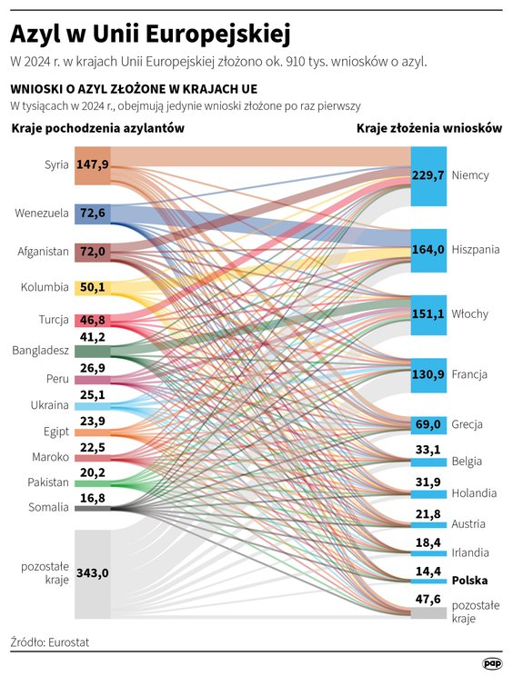 Z jakich krajów pochodzą osoby składające w UE najwięcej pierwszych wniosków o azyl? Dane z 2024 r.